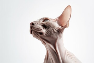 Naklejka premium Lifestyle portrait photography of a happy sphynx cat back-arching against a white background. With generative AI technology