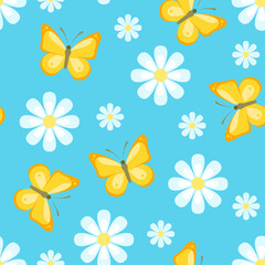 Fototapeta na wymiar Yellow butterflies and white daisy on blue background. Floral seamless pattern. Vector simple flat illustration.