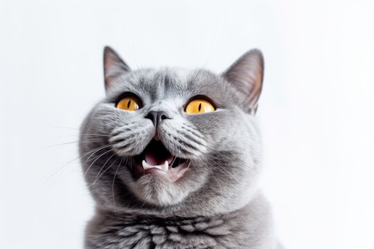 Headshot portrait photography of a smiling british shorthair cat whisker twitching against a white background. With generative AI technology
