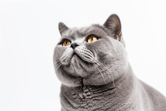 Headshot portrait photography of a smiling british shorthair cat whisker twitching against a white background. With generative AI technology