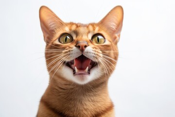Headshot portrait photography of a smiling abyssinian cat tail wagging against a white background. With generative AI technology