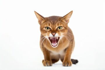 Environmental portrait photography of an angry abyssinian cat investigating against a white background. With generative AI technology