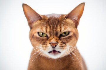 Fototapeta na wymiar Environmental portrait photography of an angry abyssinian cat investigating against a white background. With generative AI technology