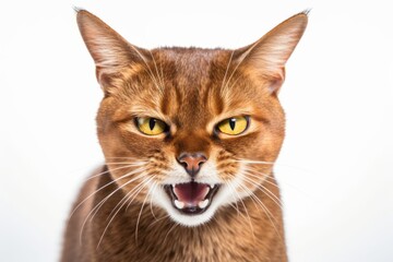 Environmental portrait photography of an angry abyssinian cat investigating against a white background. With generative AI technology