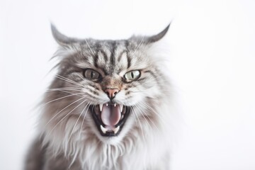 Lifestyle portrait photography of an angry siberian cat corner rubbing against a white background. With generative AI technology