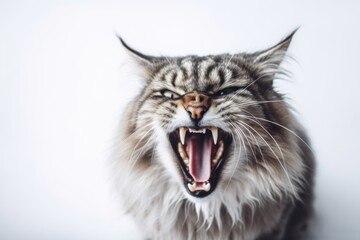 Obraz premium Lifestyle portrait photography of an angry siberian cat corner rubbing against a white background. With generative AI technology