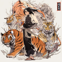 A person standing in front of a bunch of tigers. Generative AI. Immortal tiger ninja