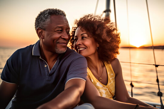 Happy senior couple in love enjoying a romantic sunset on yacht in the sea, AI Generative Generative AI