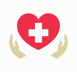 health care. medicine, care. health, treatment. heart, cross, hands icon