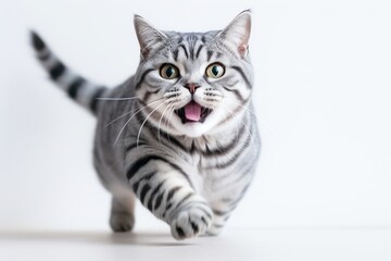 Obraz premium Lifestyle portrait photography of a smiling american shorthair cat sprinting against a white background. With generative AI technology