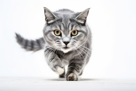 Medium shot portrait photography of a curious manx cat running against a white background. With generative AI technology