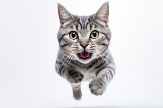 Lifestyle portrait photography of a smiling american shorthair cat sprinting against a white background. With generative AI technology