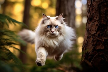 Naklejka na ściany i meble Lifestyle portrait photography of a tired ragdoll cat leaping against a forest background. With generative AI technology