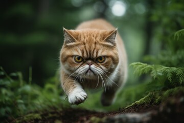 Naklejka na ściany i meble Close-up portrait photography of an angry exotic shorthair cat sprinting against a forest background. With generative AI technology