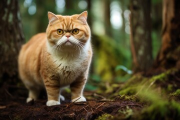 Naklejka na ściany i meble Full-length portrait photography of a curious exotic shorthair cat skulking against a forest background. With generative AI technology