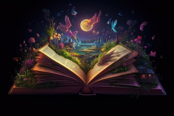 Open book with magic forest and flying insects. Fairy tale concept. Generative AI - obrazy, fototapety, plakaty