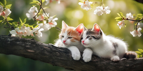 Two kittens relaxing on a branch of a blossoming tree, dream atmosphere, adorable animals, copyspace - generative AI - obrazy, fototapety, plakaty