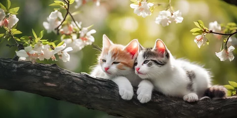 Fotobehang Two kittens relaxing on a branch of a blossoming tree, dream atmosphere, adorable animals, copyspace - generative AI © Alan