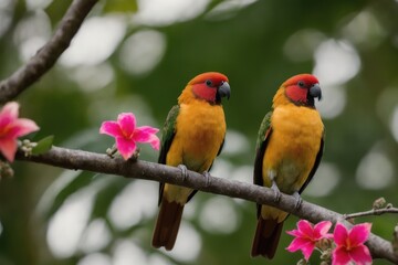 Fototapeta premium Sun conure parrots perching on a branch with tropical leaves everywhere in a tropical rainforest. Wildlife concept of ecological environment. Generative AI