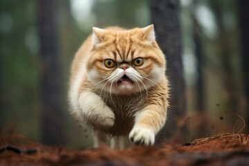 Naklejka na ściany i meble Close-up portrait photography of an angry exotic shorthair cat sprinting against a forest background. With generative AI technology