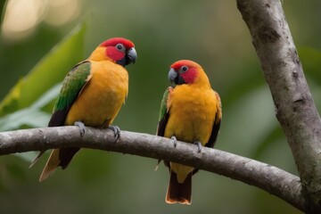 Fototapeta na wymiar Sun conure parrots perching on a branch with tropical leaves everywhere in a tropical rainforest. Wildlife concept of ecological environment. Generative AI