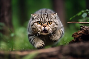 Naklejka na ściany i meble Close-up portrait photography of a tired scottish fold cat sprinting against a forest background. With generative AI technology