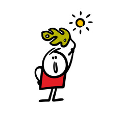 Funny boy holds a leaf of a tropical monstera plant over his head and hides in the shade from the sun. Vector illustration of a child and a home garden.