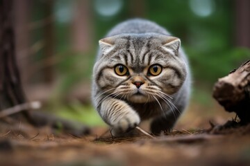 Naklejka na ściany i meble Close-up portrait photography of a tired scottish fold cat sprinting against a forest background. With generative AI technology