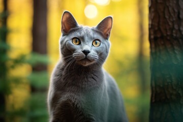 Obraz premium Environmental portrait photography of a happy russian blue cat exploring against a forest background. With generative AI technology