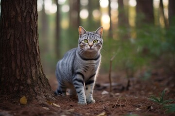 Naklejka na ściany i meble Full-length portrait photography of a curious american shorthair cat eating against a forest background. With generative AI technology