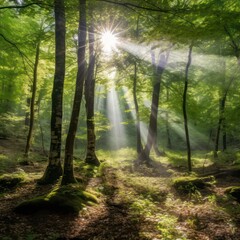 Naklejka premium Sunrays shine through a deciduous forest in spring time created with Generative AI