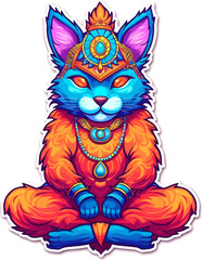 Meditating cat sticker. Isolated vector illustration of anthropomorphic yogi kitten in colorful psychedelic cartoon style