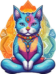 Meditating cat sticker. Isolated vector illustration of anthropomorphic yogi kitten in colorful psychedelic cartoon style
