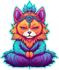Meditating cat sticker. Isolated vector illustration of anthropomorphic yogi kitten in colorful psychedelic cartoon style