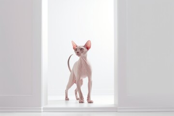 Full-length portrait photography of a smiling sphynx cat hopping against a minimalist or empty room background. With generative AI technology