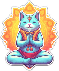 Meditating cat sticker. Isolated vector illustration of anthropomorphic yogi kitten in colorful psychedelic cartoon style