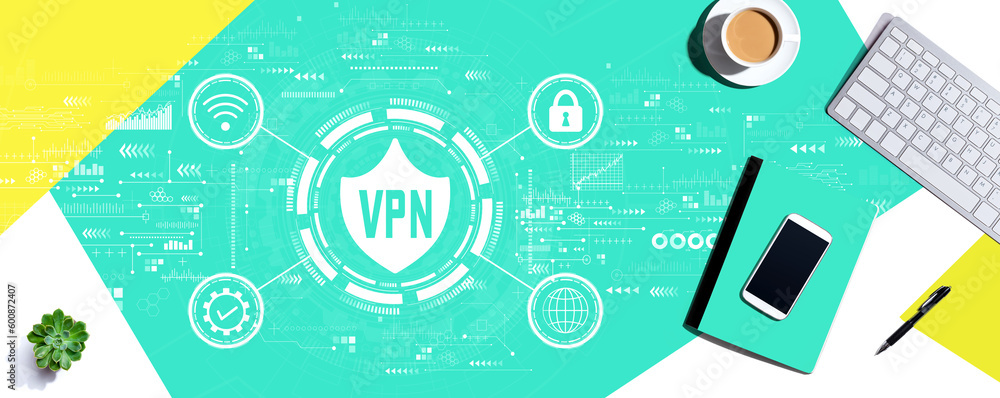 Poster vpn concept with a computer keyboard and office items