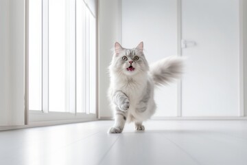 Full-length portrait photography of a smiling neva masquerade cat pouncing against a minimalist or empty room background. With generative AI technology