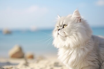 Close-up portrait photography of a happy persian cat exploring against a beach background. With generative AI technology