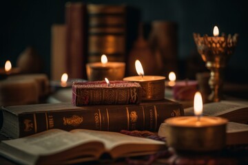 Lit candles surrounded by books on Ayurveda, ancient scriptures and panchakarma rejuvenation therapy. Set a sacred, meditative mood focusing on Ayurvedic spiritual wellness. Generative AI - obrazy, fototapety, plakaty