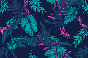 seamless pattern fuchsia and coral jade blue green background with tropical leaf shapes. AI generated.