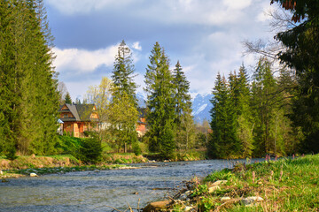 Beautiful spring panorama over river to snowy Witow, Tatra mountains, Poland