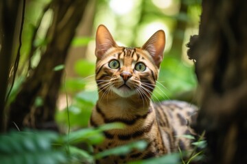 Naklejka na ściany i meble Medium shot portrait photography of a smiling bengal cat corner rubbing against an enchanting forest. With generative AI technology