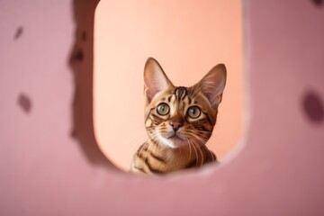 Lifestyle portrait photography of a scared bengal cat wall climbing against a pastel or soft colors background. With generative AI technology