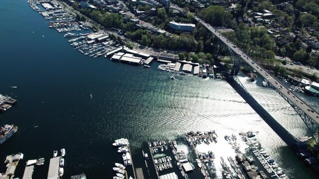 Slow Aerial Reveal of Seattle Cityscape Over Lake Union