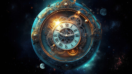 The dial of an old watch on the background of space with stars. AI generation