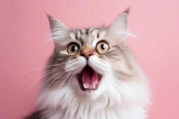 Environmental portrait photography of a curious siberian cat meowing against a pastel or soft colors background. With generative AI technology