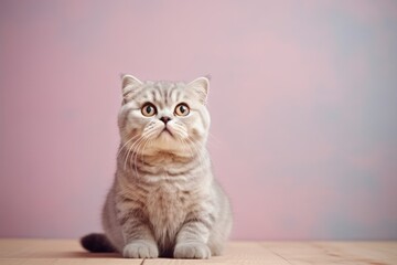 Environmental portrait photography of a happy scottish fold cat crouching against a pastel or soft colors background. With generative AI technology