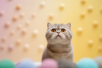 Environmental portrait photography of a happy scottish fold cat crouching against a pastel or soft colors background. With generative AI technology