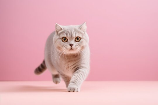 Full-length portrait photography of a curious scottish fold cat running against a pastel or soft colors background. With generative AI technology
